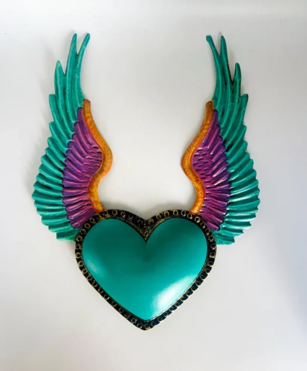 Turquoise Tin Heart Wings Handmade Wall Decor