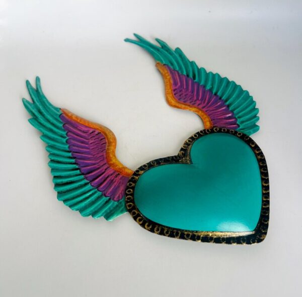 Turquoise Tin Heart Wings Handmade Wall Decor - Image 2