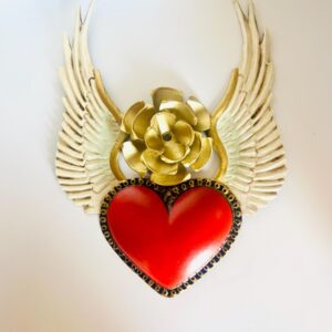 Mexican Tin Red Heart Wings Handmade Wall Decor