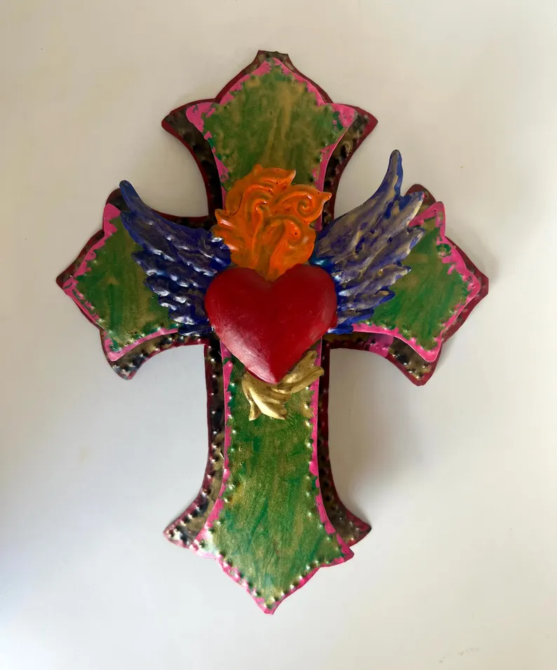 Tin Cross Hand Painted Mexican Wall Art