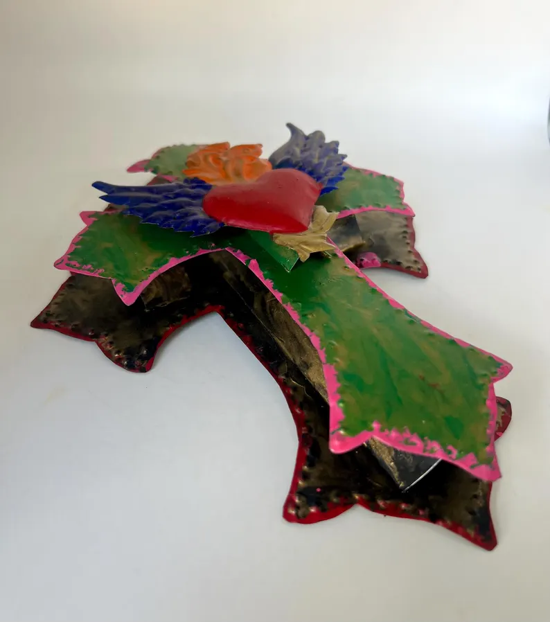 Tin Cross Hand Painted Mexican Wall Art - Image 2