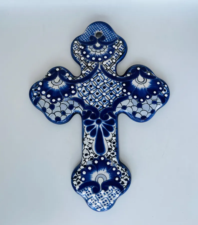 Talavera Blue and White Cross Hand Painted Wall Art Mexico