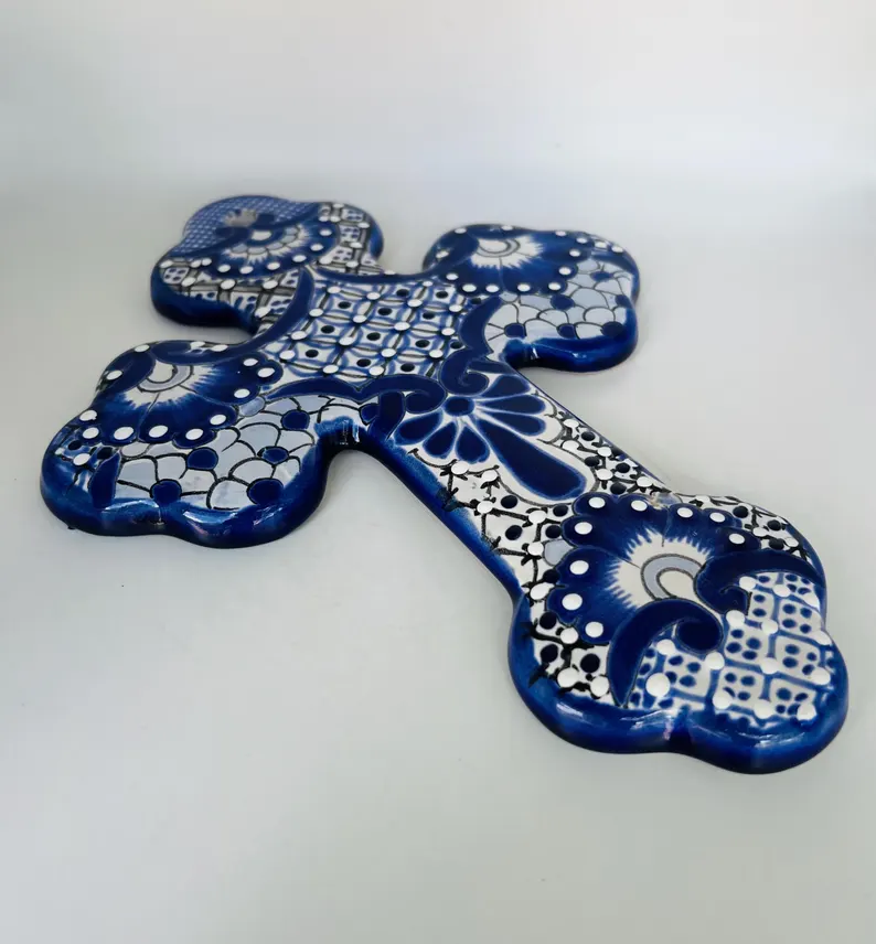 Talavera Blue and White Cross Hand Painted Wall Art Mexico - Image 2