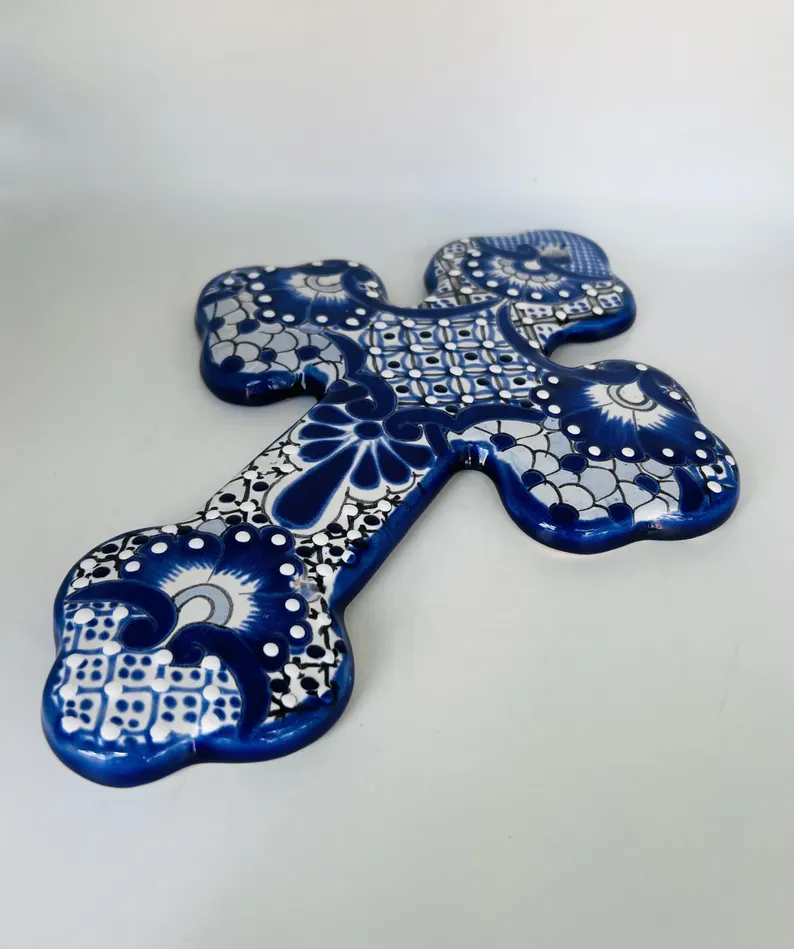 Talavera Blue and White Cross Hand Painted Wall Art Mexico - Image 3