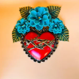 Mexican Tin Heart Flowers and Thorns Wall Art