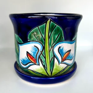 Talavera Flower Pot with Hand-Painted Lily Design | Mexican Pottery Planter Lily Flower Pot with Saucer