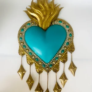 Mexican Tin Heart Turquoise Handmade Wall Art