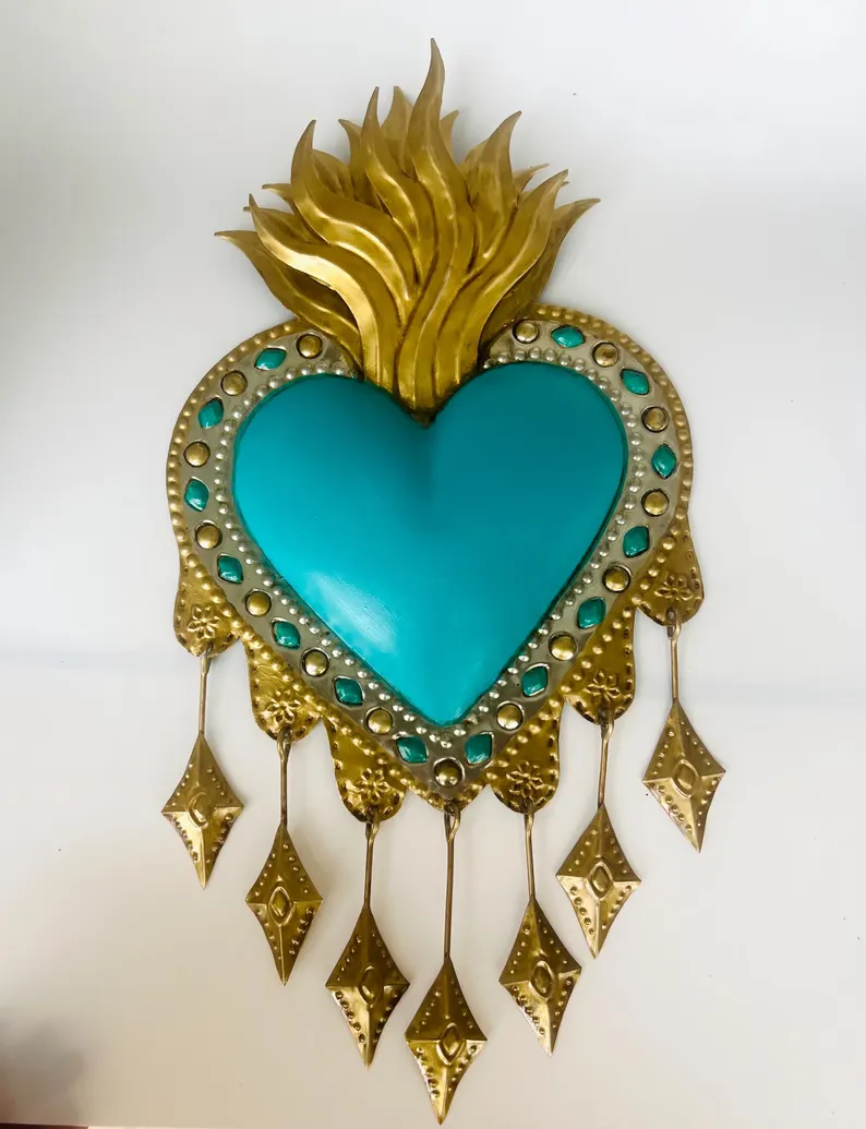 Mexican Tin Heart Turquoise Handmade Wall Art