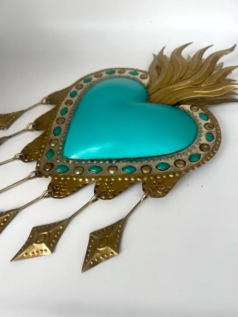 Mexican Tin Heart Turquoise Handmade Wall Art - Image 2