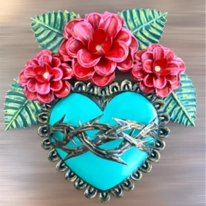 Mexican Turquoise Tin Heart Flowers and Thorns Wall Art