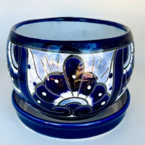 Hand-Painted Blue and White Talavera Flower Pot with Saucer – Authentic Mexican Pottery Planter