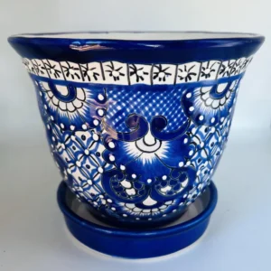 Hand-Painted Blue and White Talavera Flower Pot with Saucer – Authentic Mexican Pottery Planter