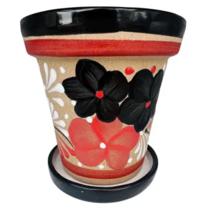 Hand-Painted Mexican Floral Flower Pot – Black & Red Design with Saucer