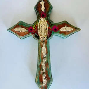 Handcrafted Wooden Mexican Cross with Virgin Guadalupe –Milagros Rustic Folk Art Wall Decor