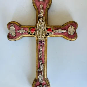 Handcrafted Wooden Mexican Cross with Virgin Guadalupe –Milagros Rustic Folk Art Wall Decor