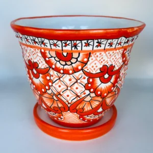 Hand-Painted Mexican Orange Talavera Flower Pot with Saucer