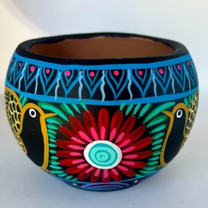 Hand-Painted Mexican Folk Art Flower Pot with Birds – Colorful Ceramic Planter