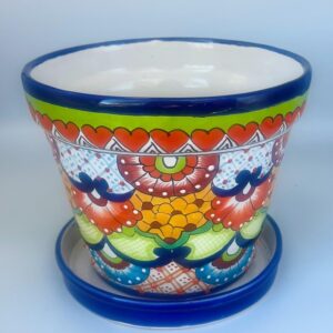 Colorful Talavera Flower Pot with Tray – Hand-Painted Mexican Ceramic Planter