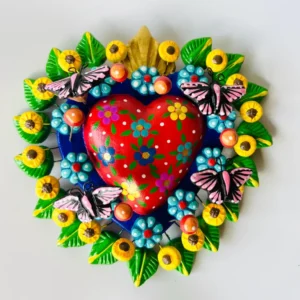 Handmade Mexican Heart Wall Decor – Colorful Sacred Heart with Flowers & Butterflies