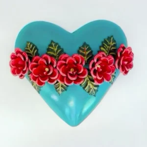 Mexican Tin Heart Turquoise - Flowers