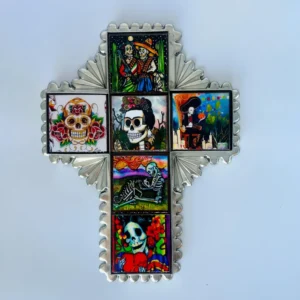 Day of the Dead Cross Wall Decor, Mexican Tin Cross, Dia de los Muertos Art, Skeleton Wall Decor