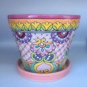 Hand Painted Talavera Flower Pot with Drainage Tray – Colorful Mexican Planter