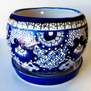 Hand-Painted Blue and White Talavera Flower Pot Planter with Saucer
